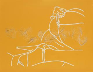 Ghada Amer - Untitled (femme allongée jaune/ fleurs blanches)
