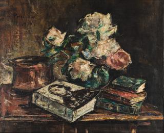 Gheorghe Petrascu - Still Life With Roses And Books