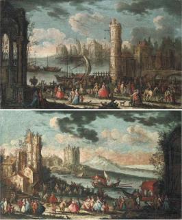 Gherado Poli - A capriccio of a Mediterranean port with stevedores unloading cargo from a ship and elegant townsfolk promenading; and A capriccio of a Mediterranean coastal town with elegant townsfolk and passengers in a barge