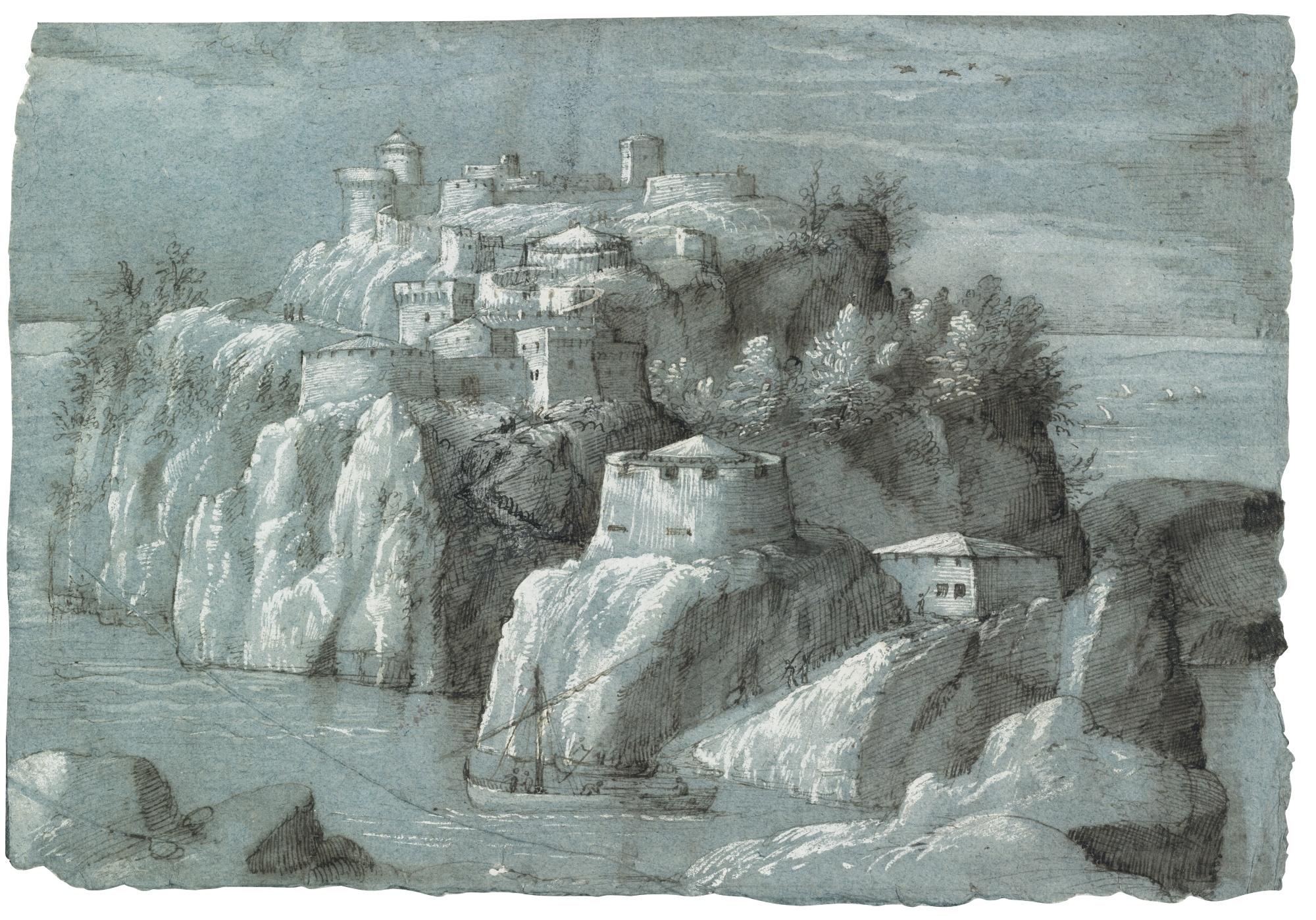 Gherardo Cibo - A Fantasy View: A Rocky Island With Fortified Buildings, A Boat In The Foreground