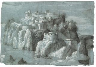 Gherardo Cibo - A Fantasy View: A Rocky Island With Fortified Buildings, A Boat In The Foreground