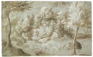 Gherardo Cibo - A Landscape With A River Running Through A Forest With Figures, Cows And A Small House In The Background