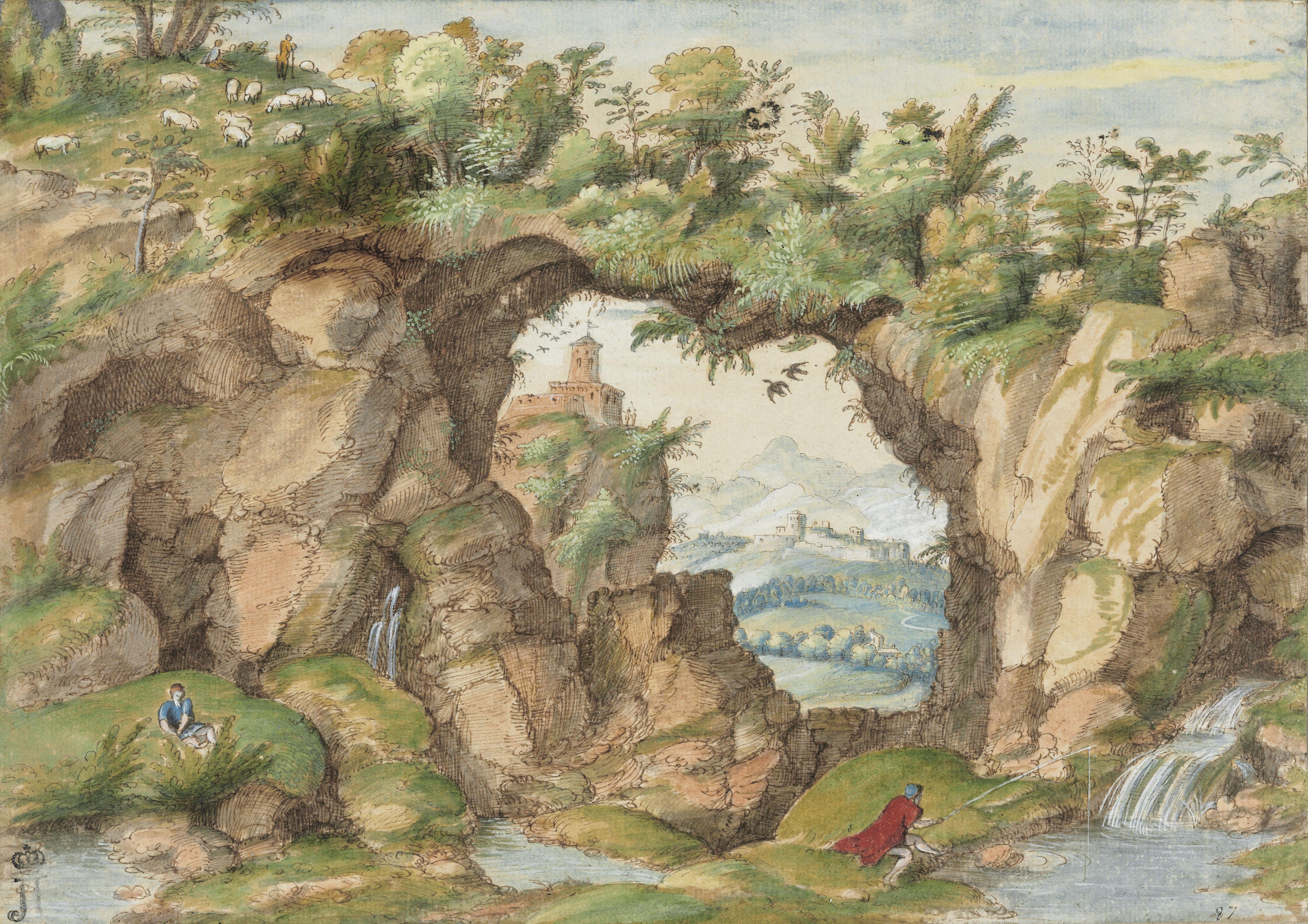 Gherardo Cibo - A rocky arch with figures by a stream, and buildings in a hilly landscape beyond