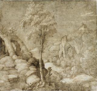 Gherardo Cibo - A rocky landscape with trees and distant figures