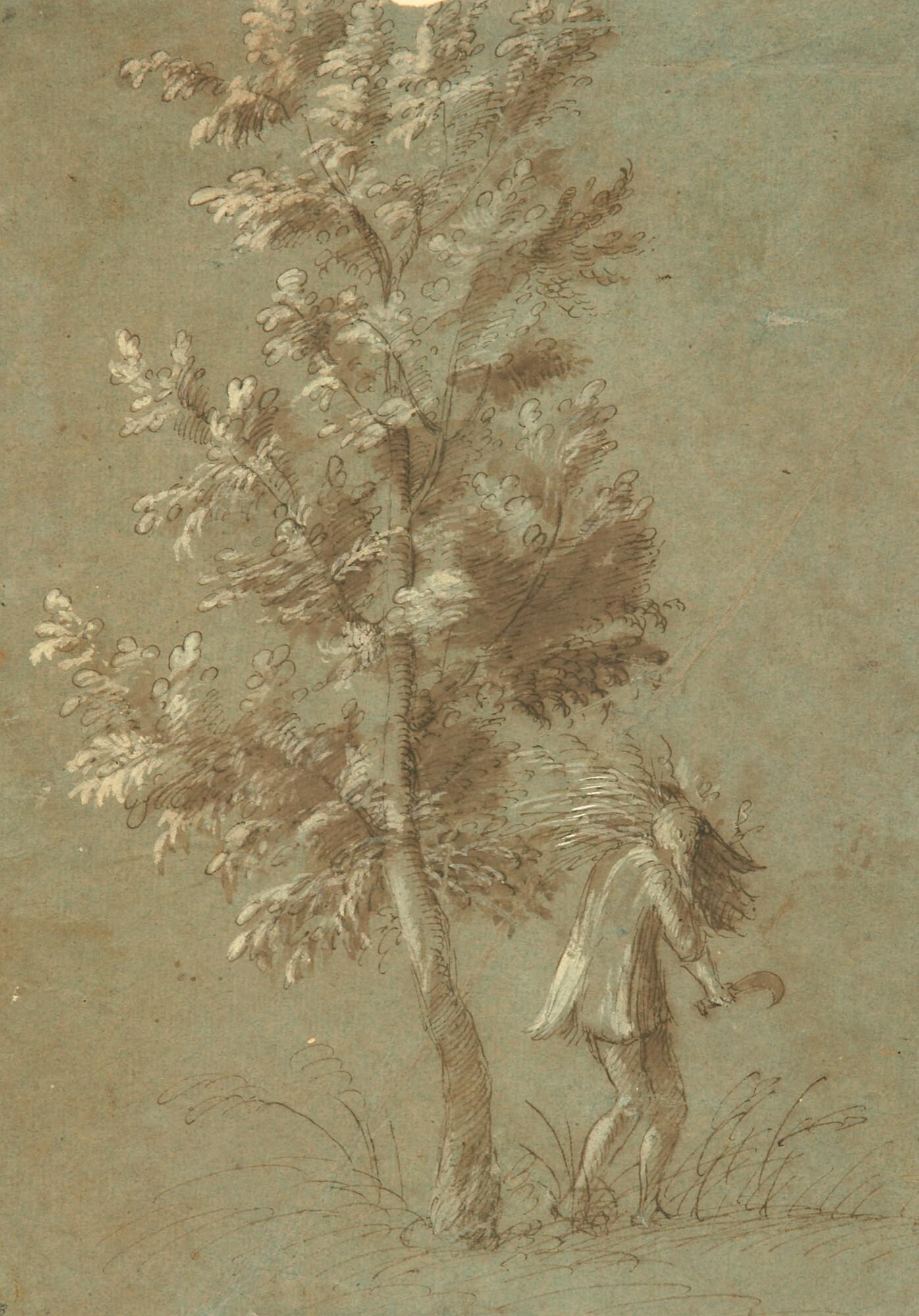 Gherardo Cibo - Ein Bauer mit Sense an einem Baum.