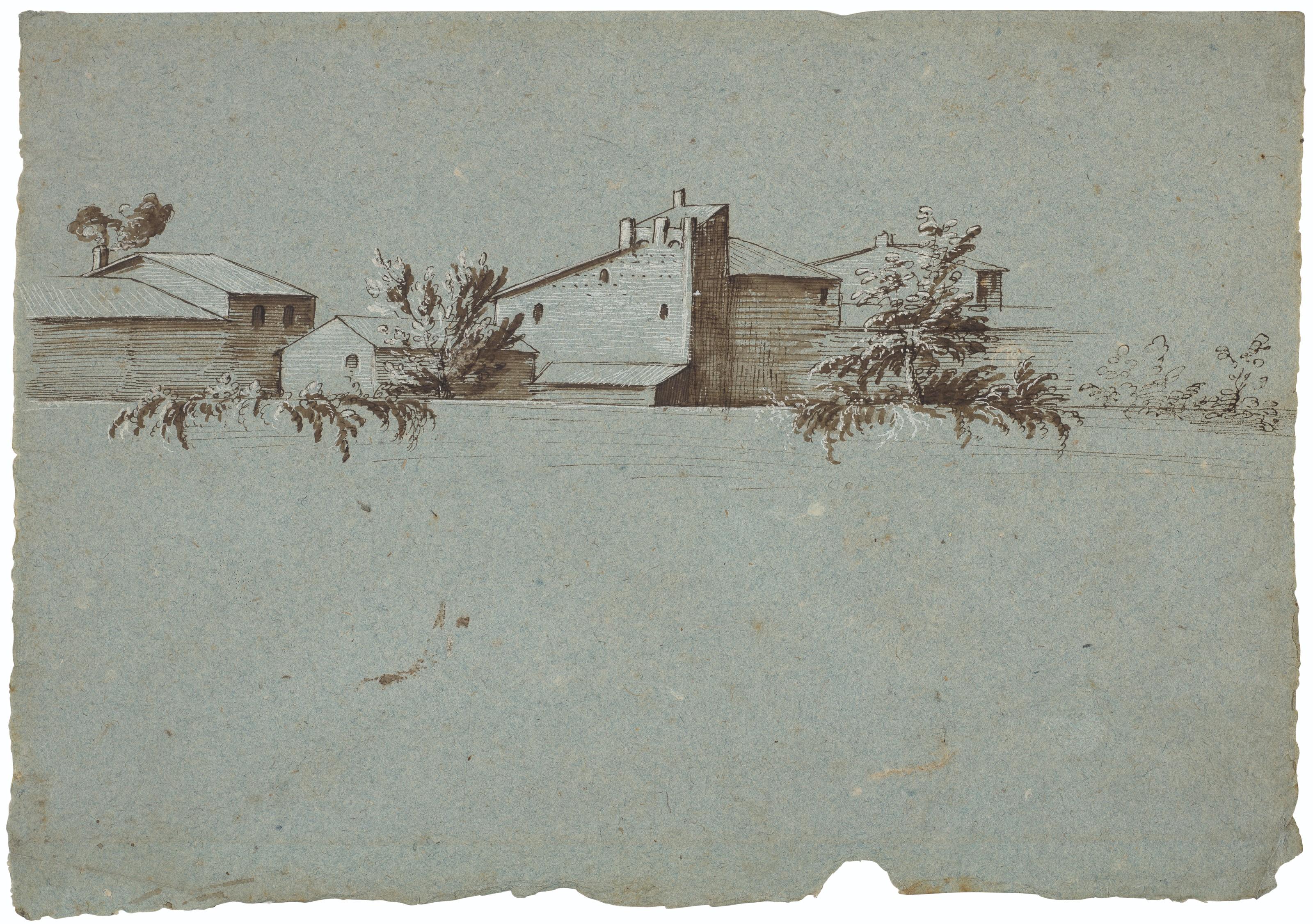 Gherardo Cibo - Houses and trees seen above a wall