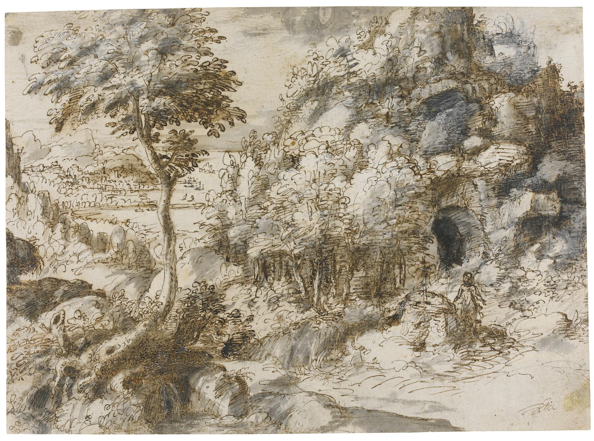 Gherardo Cibo - Mountainous Landscape With A Hermit Kneeling In Front Of A Cross