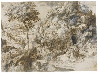 Gherardo Cibo - Mountainous Landscape With A Hermit Kneeling In Front Of A Cross