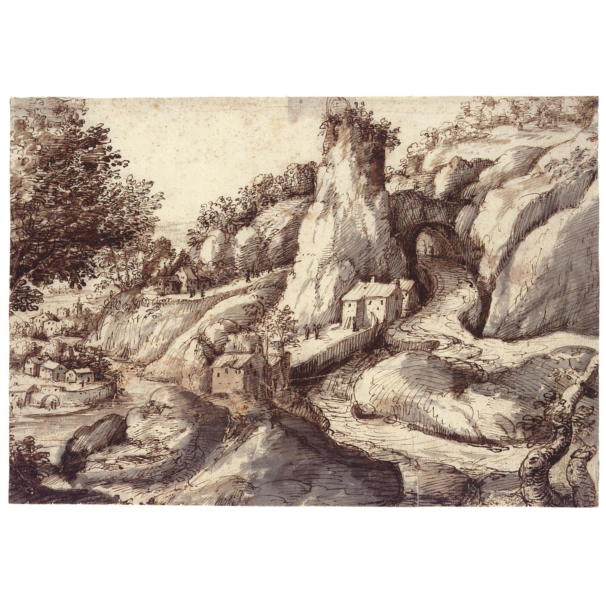 Gherardo Cibo - Mountainous River Landscape With Road Through A Rock Arch And A Riverside Village