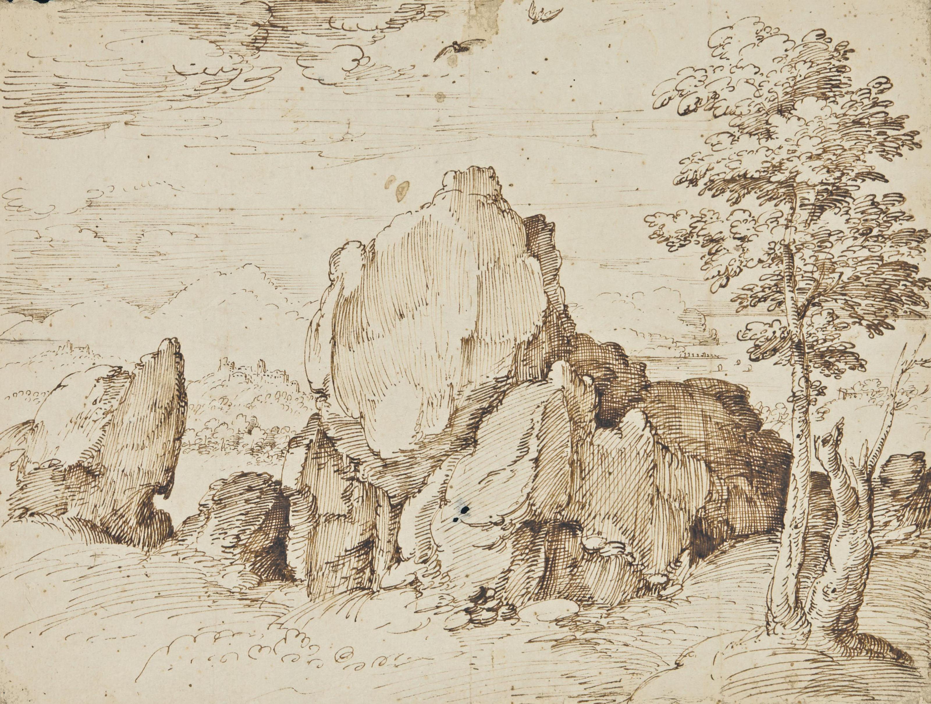 Gherardo Cibo - Paysage Rocheux, Une Ville À L\'Arrière-Plan Et Un Arbre Sur La Droite