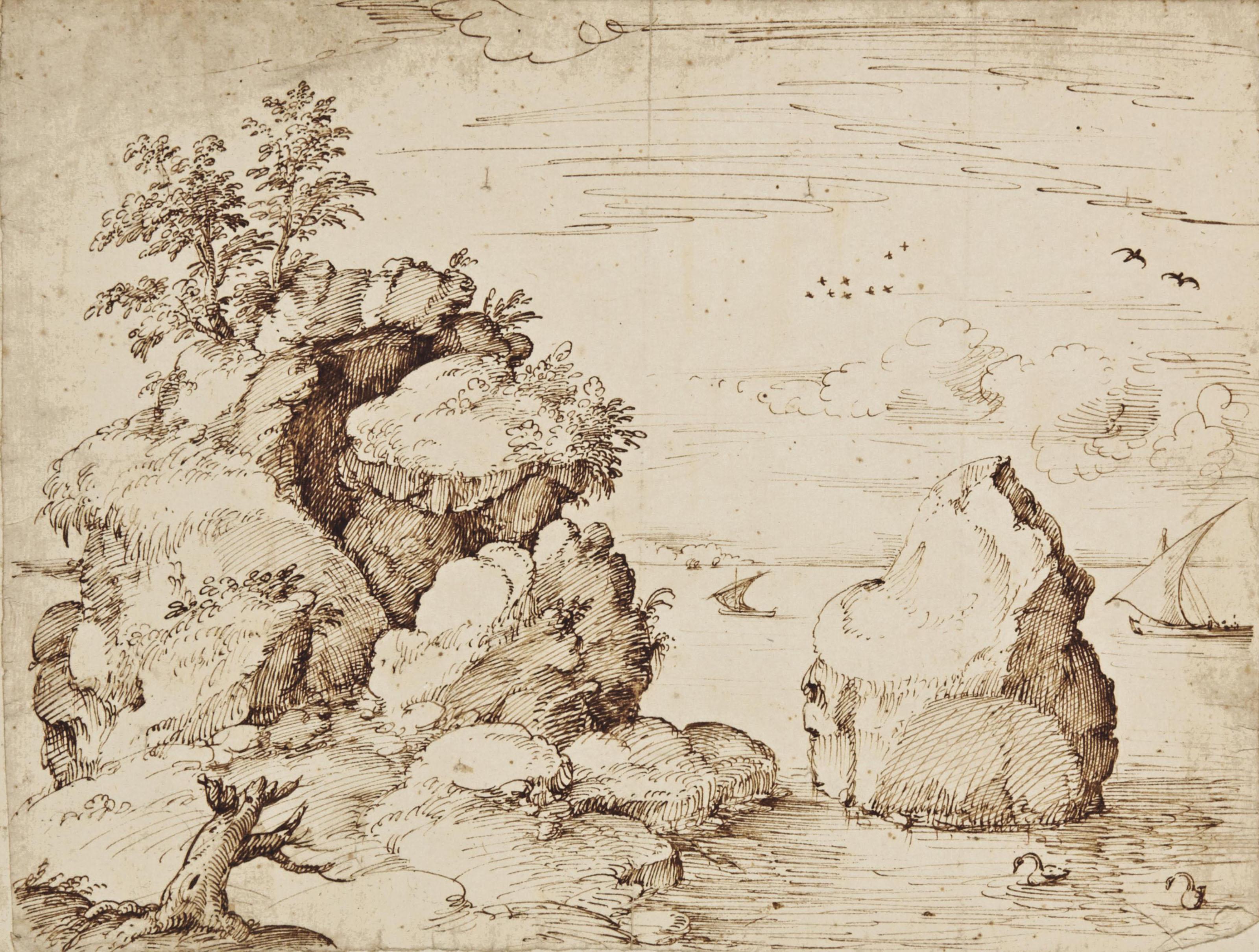 Gherardo Cibo - Rochers Sur Le Bord D\'Un Rivage, Des Voiliers À L\'Arrière-Plan