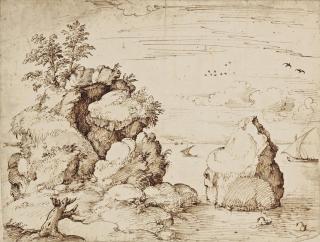 Gherardo Cibo - Rochers Sur Le Bord D\'Un Rivage, Des Voiliers À L\'Arrière-Plan