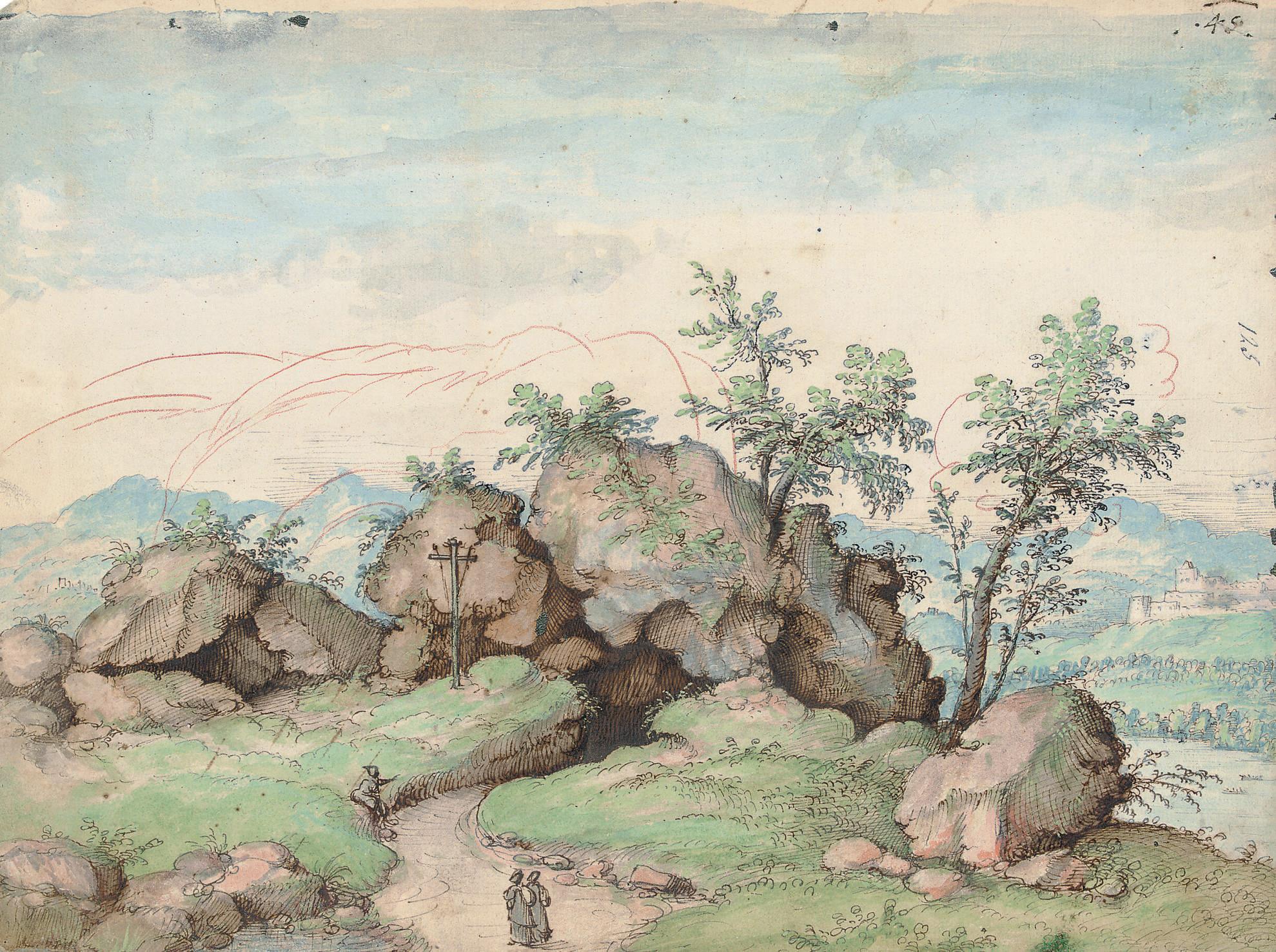 Gherardo Cibo - Travellers approaching a rock formation, a mountainous river landscape beyond