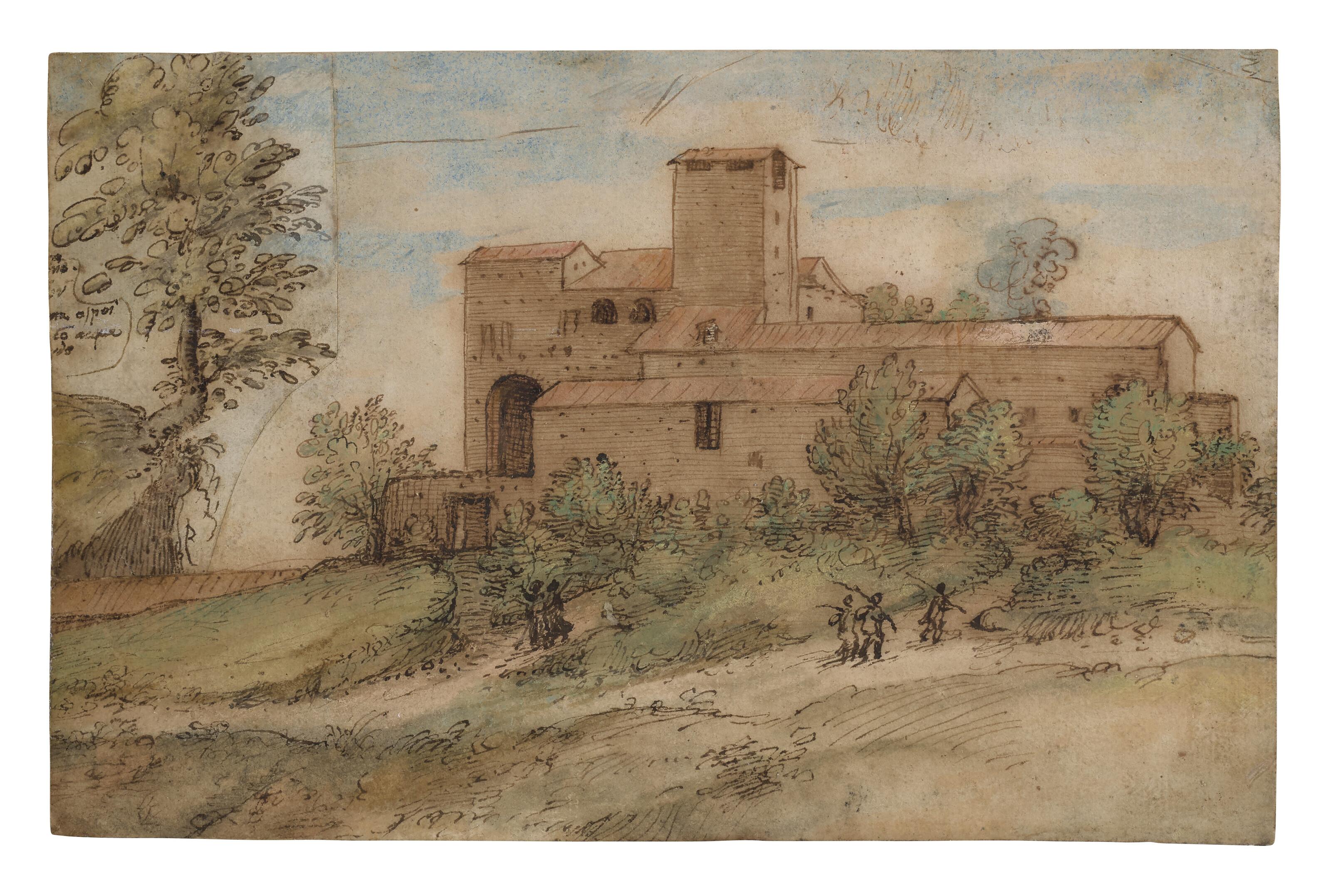 Gherardo Cibo - View of a monastery with figures approaching on a road