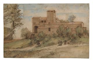 Gherardo Cibo - View of a monastery with figures approaching on a road