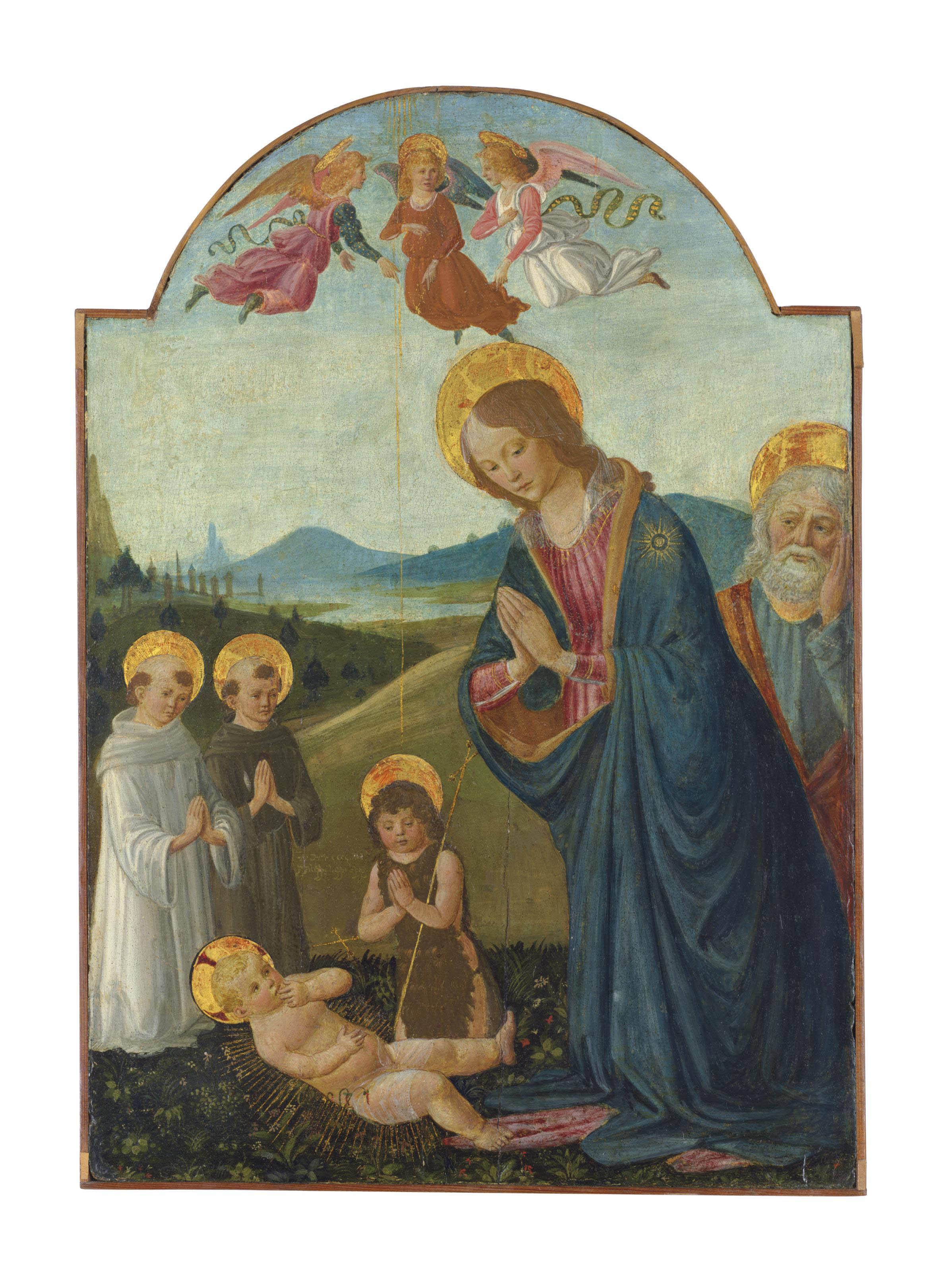 Gherardo di Giovanni del Fora - The Adoration with the Virgin, Saints John the Baptist and Joseph, with an Augustine and a Benedictine monk and three angels, an extensive river landscape beyond