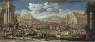 Gherardo Poli - An architectural capriccio with elegant company in carriages and other figures gathering around a commedia dell\'arte performance, a mountainous coastline beyond