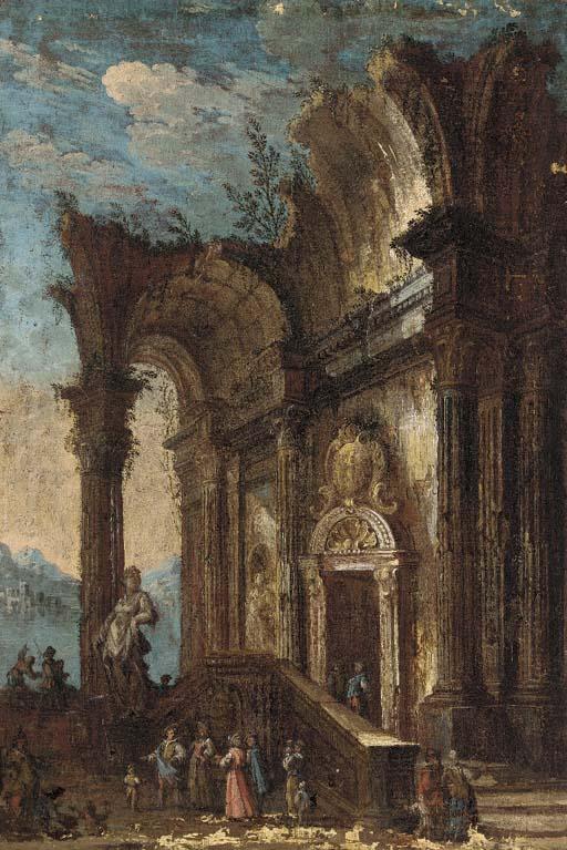 Gherardo Poli - Elegant company conversing before a capriccio of classical ruins