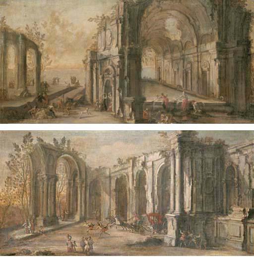 Gherardo Poli - Washerwomen And Other Figures Among Architectural Ruins; And An Elegant Carriage Dashing Through Architectural Ruins