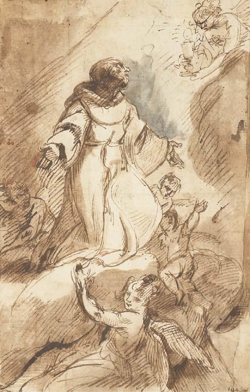 Giacinto Brandi - Saint François agenouillé sur un nuage porté par des anges, un ange lui offrant le calice