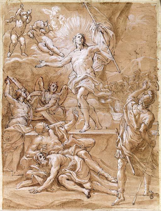 Giacinto Calandrucci - The Resurrection (recto); A subsidiary study of the same composition and the apotheosis of a Saint, and other studies (verso)