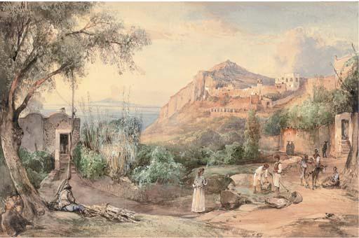 Giacinto Gigante - Figures resting at sunset, Capri; and Figures crossing a bridge by a shrine