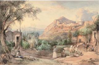 Giacinto Gigante - Figures resting at sunset, Capri; and Figures crossing a bridge by a shrine