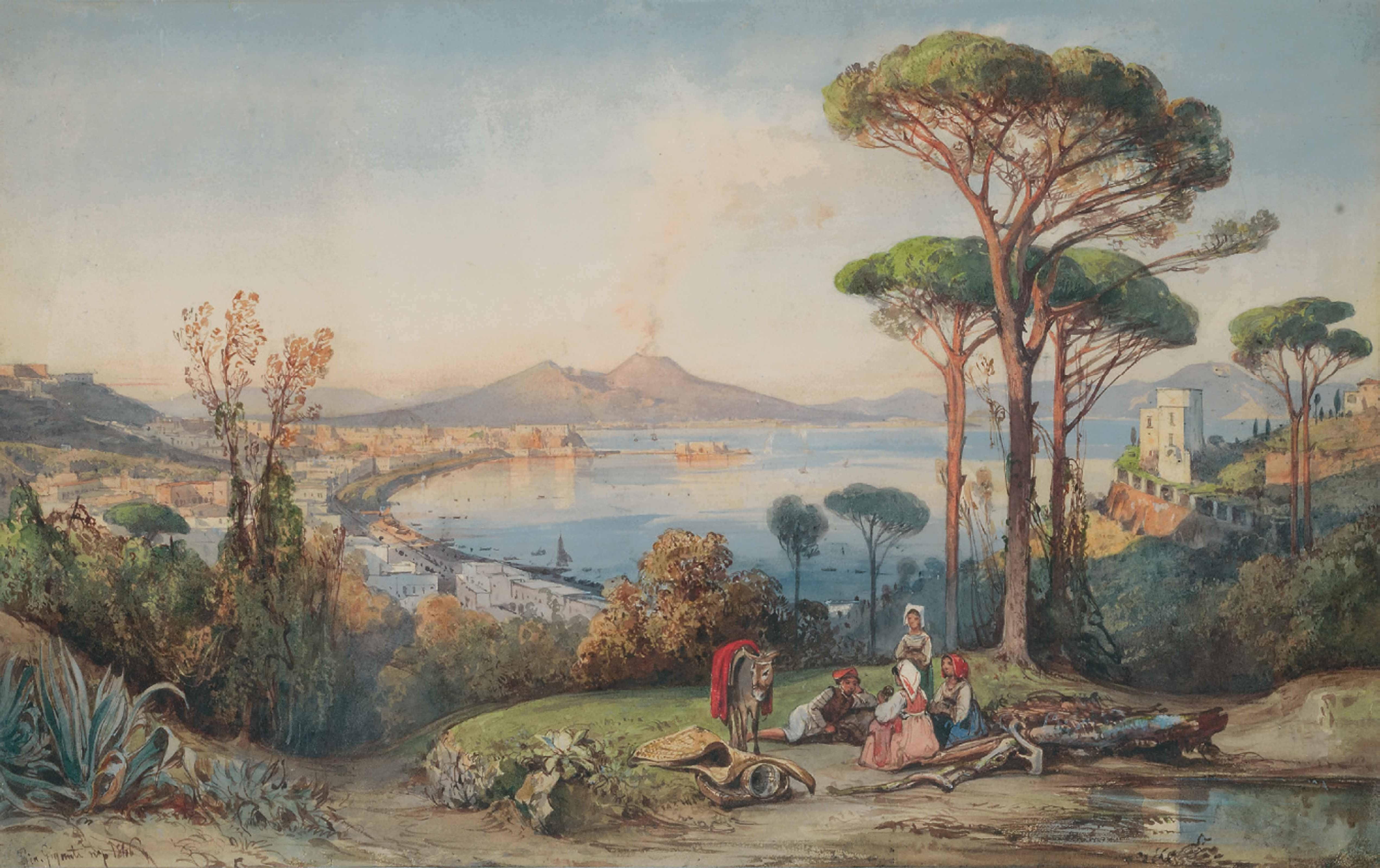 Giacinto Gigante - Peasants resting above the Bay of Naples, Vesuvius beyond