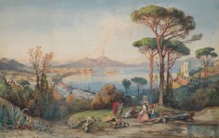 Giacinto Gigante - Peasants resting above the Bay of Naples, Vesuvius beyond