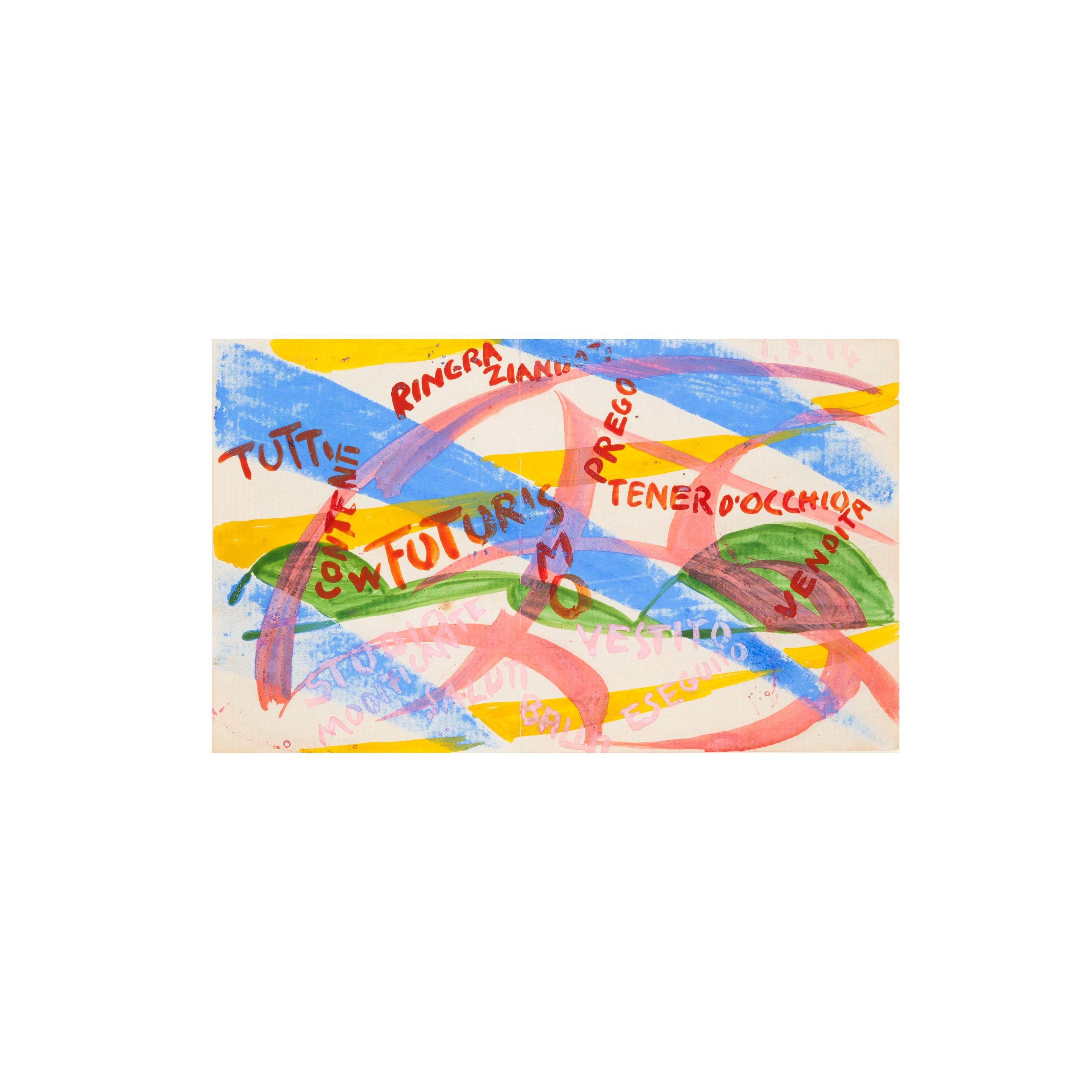 Giacomo Balla - Lettera con il motivo della \'Linea di velocità + paesaggio\' 10.8 x 17.8cm (4 1/4 x 7in). (image size) 22 x 18cm (8 11/16 x 7 1/16in). (sheet size)