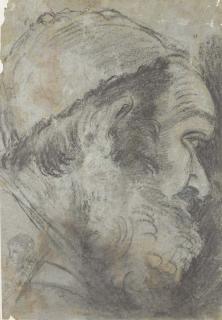 Giacomo Cavedone - Head of a bearded man in a cap, in profile to the right, with a study of another head in the lower left corner