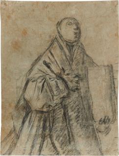 Giacomo Cavedone - Recto: A study of a priest holding a book, his right arm crossed on his chest; Verso: A study of a standing figure of a young soldier