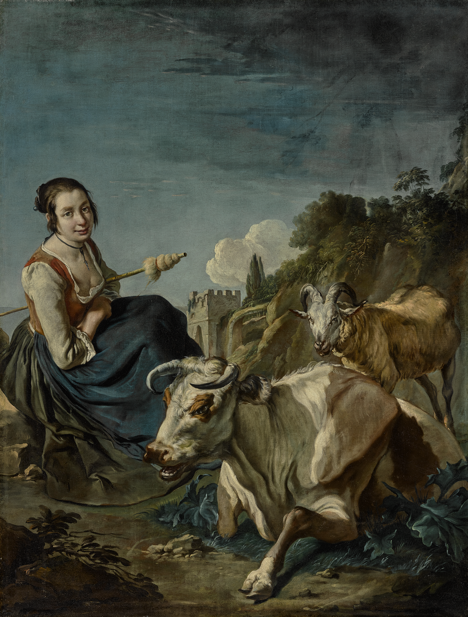 Giacomo Ceruti - A Girl With A Cow And A Sheep In A Rocky Landscape