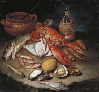 Giacomo Ceruti - A Lobster, Herring, Turbot, Skate, Red Mullets And Oysters With Turnips, Onions, A Lemon, An Earthenware Pot And A Wicker And Glass Bottle On A Stone Ledge