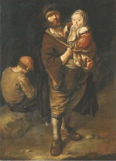 Giacomo Ceruti - A peasant holding his daughter in his arms, a seated street urchin beyond