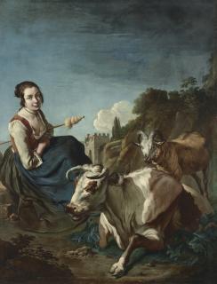 Giacomo Ceruti - A shepherdess with a cow and a sheep in a rocky landscape