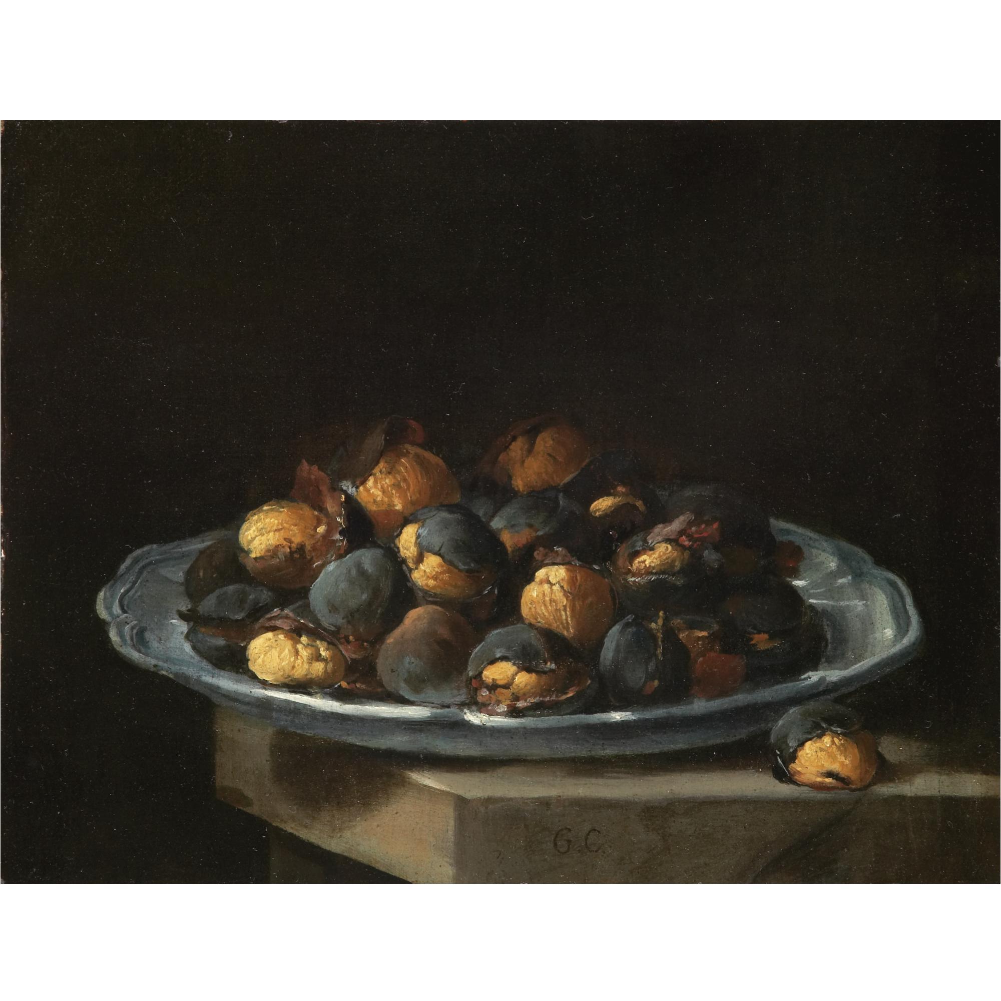 Giacomo Ceruti - Still Life With Roasted Chestnuts On A White Plate Resting On A Stone Ledge