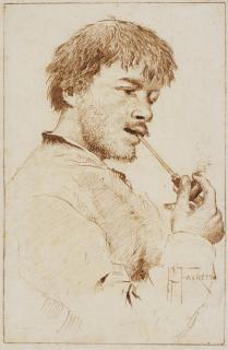 Giacomo Favretto - Portrait Of A Man Smoking A Pipe