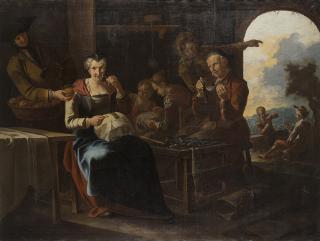 Giacomo Francesco Cipper - Maestra di tombolo con allieve, fruttivendolo, ciabattino e giocatori di carte sullo sfondo