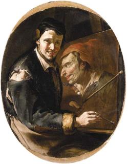 Giacomo Francesco Cipper - Portrait of the artist seated at his easel, three-quarter-length, in a ripped blue jacket and white shirt, with his palette and brushes