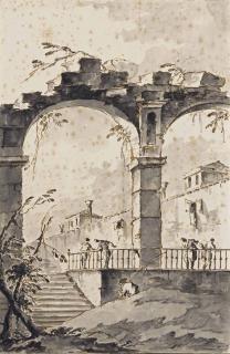 Giacomo Guardi - A capriccio with four men beneath an archway and another in the foreground
