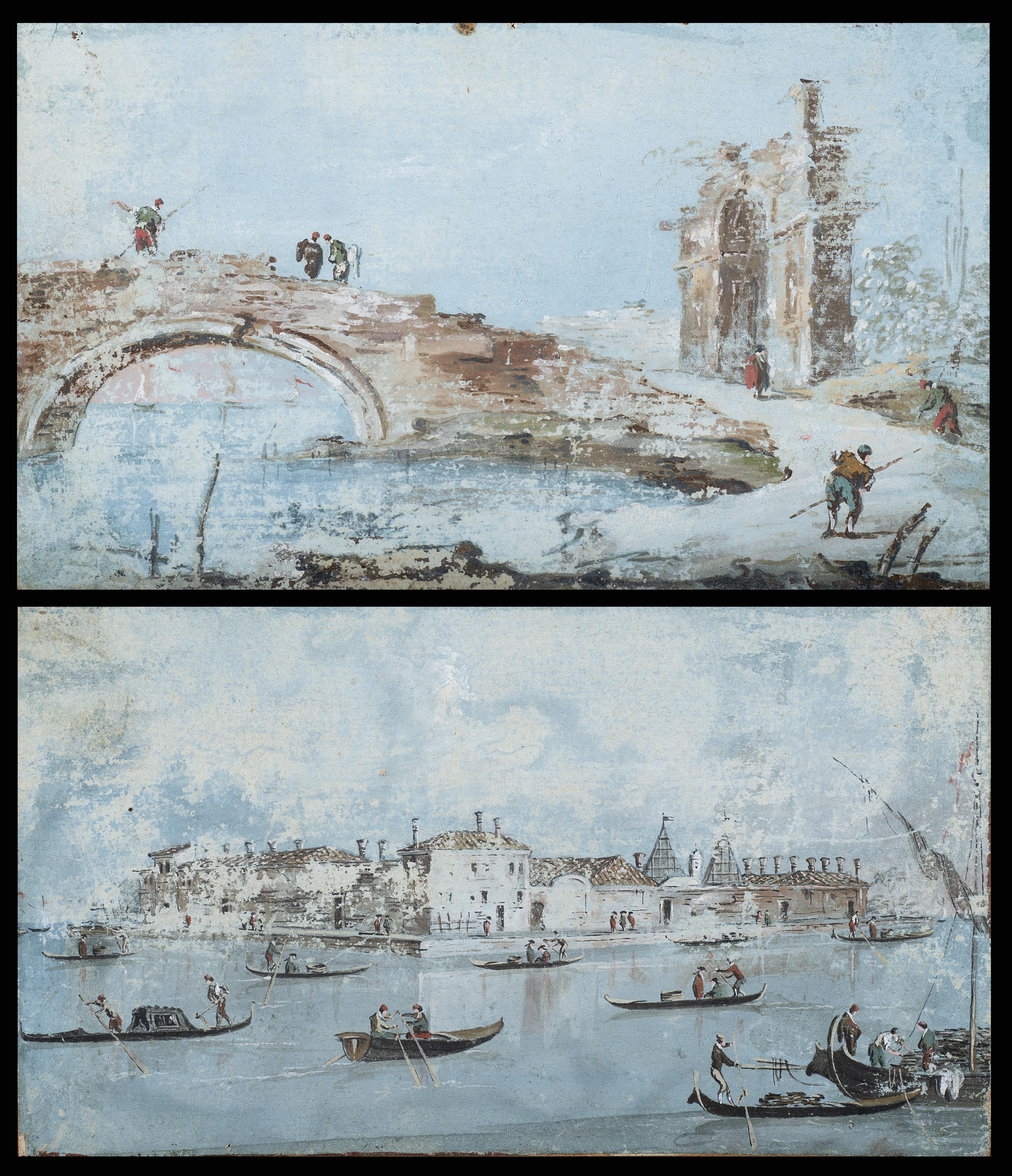 Giacomo Guardi - Capriccio with bridge and figures; Venice, view of the Isola del Lazzaretto nuovo