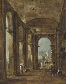 Giacomo Guardi - Interior of a colonnade, Venice, with figures conversing and boats on the canal beyond