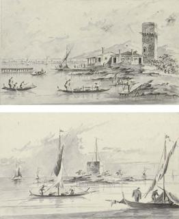 Giacomo Guardi - The Torre di Malghera in the Venetian Lagoon; and The Castello di Sant\'Andrea on the Lido