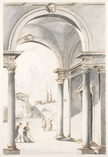 Giacomo Guardi - Une cour avec des figures, une portique au premier plan