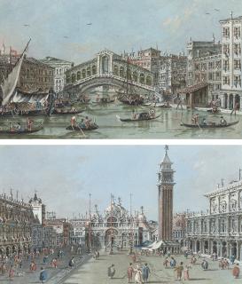Giacomo Guardi - View of the Rialto Bridge, Venice; and View of the Piazza San Marco, Venice
