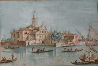 Giacomo Guardi - Vue de l\'île San Clemente au large de Venise, des gondoles au premier plan