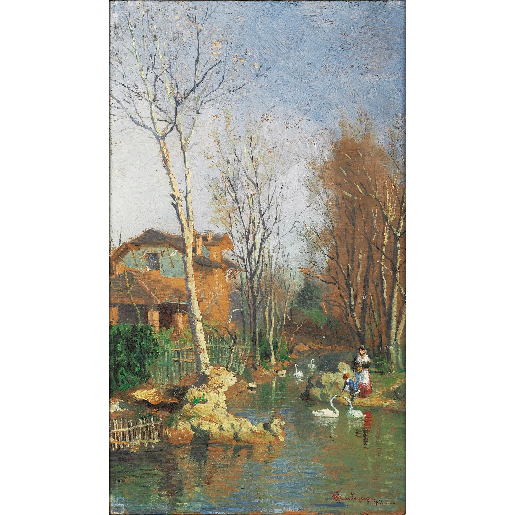 Giacomo Mantegazza - Bord De Rivière Avec Des Cygnes