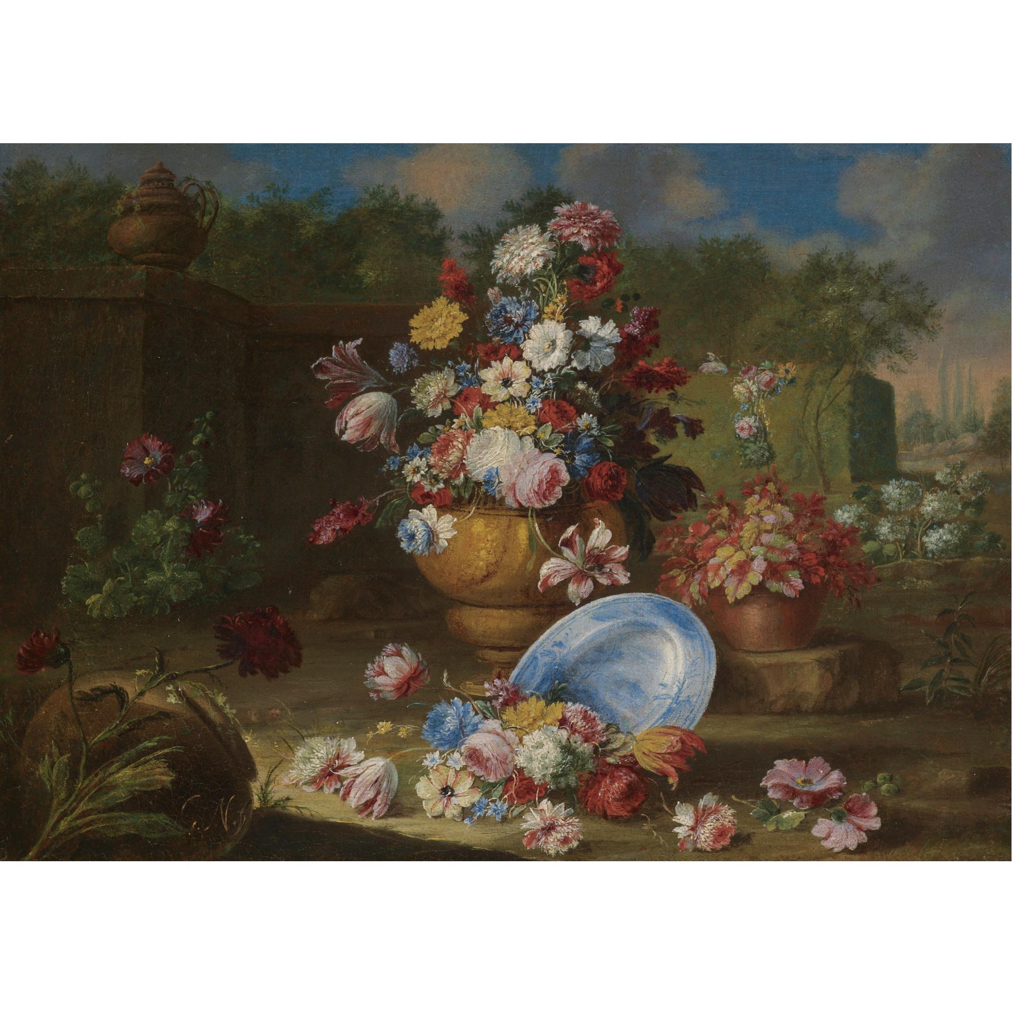Giacomo Nani - A Garden Landscape With Carnations, Roses, Tulips And Other Flowers In Vases, An Urn To The Left