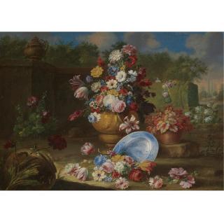 Giacomo Nani - A Garden Landscape With Carnations, Roses, Tulips And Other Flowers In Vases, An Urn To The Left